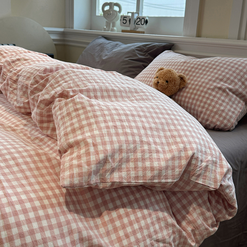 Išplauta medvilninė patalynė, keturių dalių komplektas, dryžių ir languoto rašto modelis, reaktyvinis dažymas