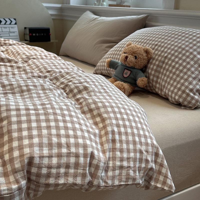 Išplauta medvilninė patalynė, keturių dalių komplektas, dryžių ir languoto rašto modelis, reaktyvinis dažymas