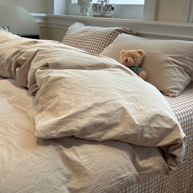 Išplauta medvilninė patalynė, keturių dalių komplektas, dryžių ir languoto rašto modelis, reaktyvinis dažymas