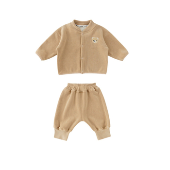 Dječji dvodijelni set za jesen/zimu, unisex, oatmeal knit tkanina, 93% poliester, dugi rukav, dugačke hlače, zatvaranje jednim redom gumba, crtani motiv
