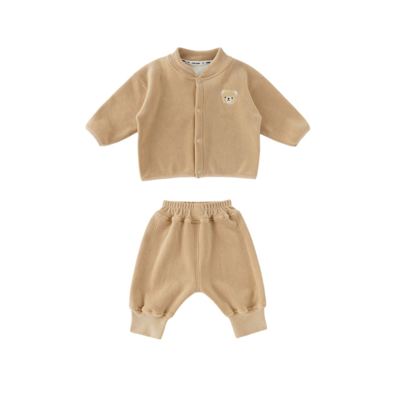 Dječji dvodijelni set za jesen/zimu, unisex, oatmeal knit tkanina, 93% poliester, dugi rukav, dugačke hlače, zatvaranje jednim redom gumba, crtani motiv