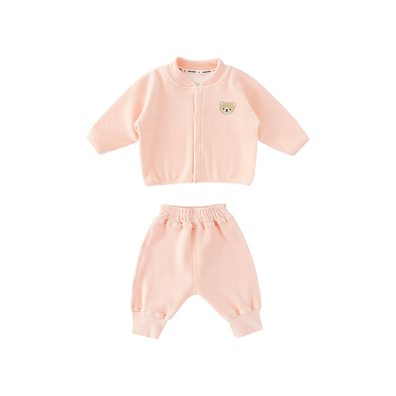 Dječji dvodijelni set za jesen/zimu, unisex, oatmeal knit tkanina, 93% poliester, dugi rukav, dugačke hlače, zatvaranje jednim redom gumba, crtani motiv