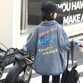 Mergaitei džinsinis marškiniai–švarkas – medvilnė, nuimamas gobtuvas, vienspalvis raštas, 2025 pavasaris/rudenis, kasdienis stilius