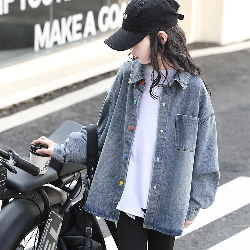 Mergaitei džinsinis marškiniai–švarkas – medvilnė, nuimamas gobtuvas, vienspalvis raštas, 2025 pavasaris/rudenis, kasdienis stilius