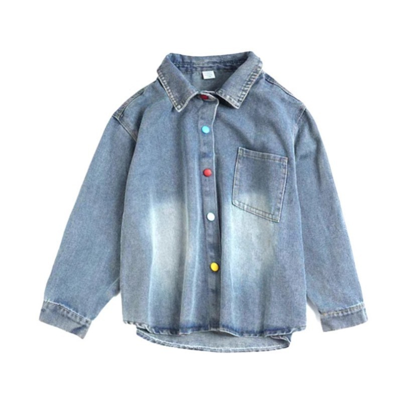 Mergaitei džinsinis marškiniai–švarkas – medvilnė, nuimamas gobtuvas, vienspalvis raštas, 2025 pavasaris/rudenis, kasdienis stilius