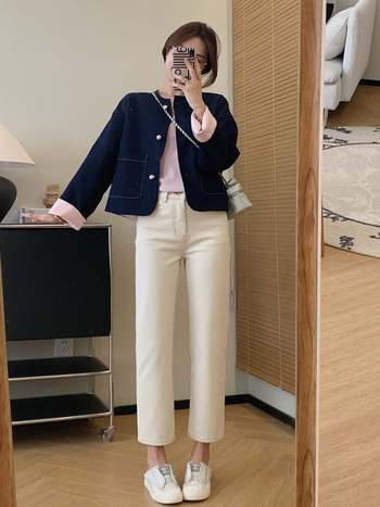 Obostrano džinsasto-satensko žakardno jakna s kopčom, opuštena silueta, kratka jesenska jakna