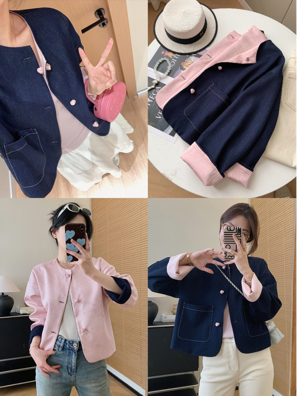 Obostrano džinsasto-satensko žakardno jakna s kopčom, opuštena silueta, kratka jesenska jakna