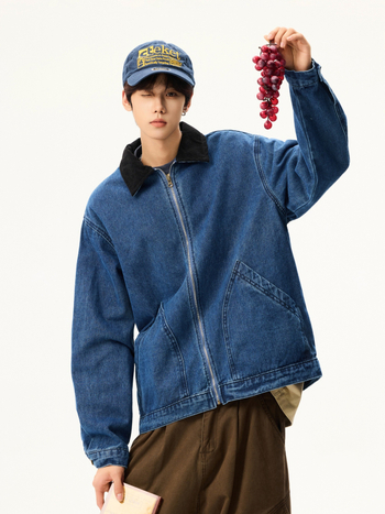 Sako s patchworkovým golierom, tkanina z bavlneného zmesi, predný zips, voľný strih, dlhé rukávy, podšívka z polyesteru, ideálne na jar a jeseň