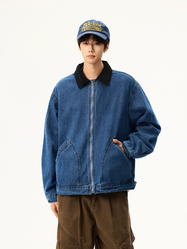 Sako s patchworkovým golierom, tkanina z bavlneného zmesi, predný zips, voľný strih, dlhé rukávy, podšívka z polyesteru, ideálne na jar a jeseň