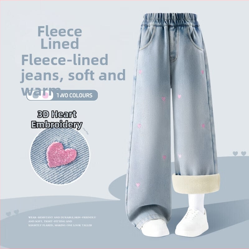 Mergaitėms džinsinės kelnės su širdies siuvinėjimu, storos ir šiltos, liemuo su elastine juosta, ilgos kelnės, iš medvilnės mišinio