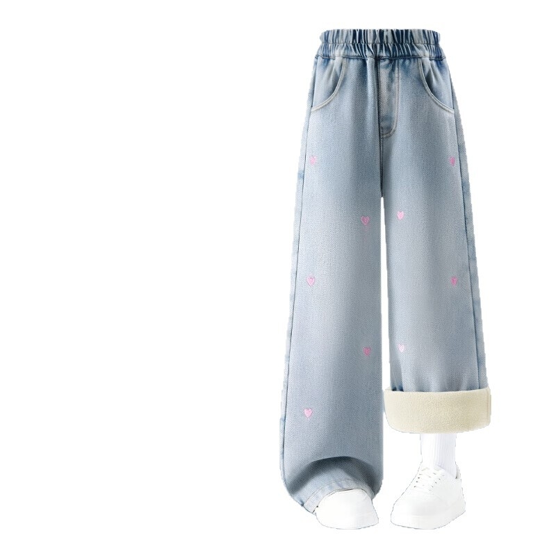 Mergaitėms džinsinės kelnės su širdies siuvinėjimu, storos ir šiltos, liemuo su elastine juosta, ilgos kelnės, iš medvilnės mišinio