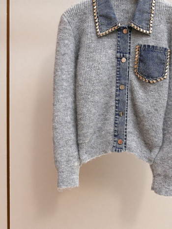 Kötött kardigán patchwork mintával, polo gallérrel, lazán szabású, hosszú ujjú