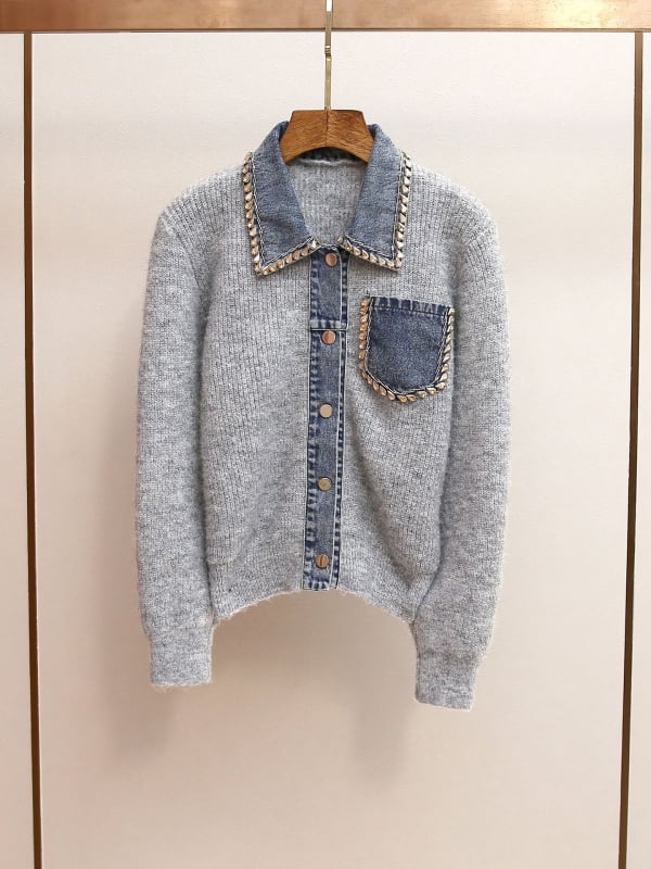 Kötött kardigán patchwork mintával, polo gallérrel, lazán szabású, hosszú ujjú