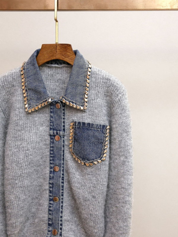 Kötött kardigán patchwork mintával, polo gallérrel, lazán szabású, hosszú ujjú