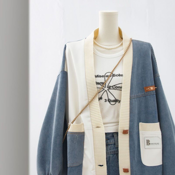 Patchworkové dámske džínové sako, Hongkong štýl, voľný strih, V-krk, šitie vreciek