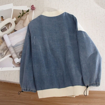 Patchworkové dámske džínové sako, Hongkong štýl, voľný strih, V-krk, šitie vreciek