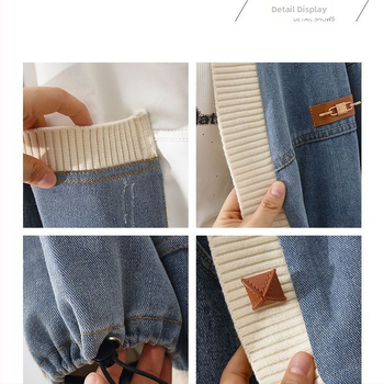 Patchworkové dámske džínové sako, Hongkong štýl, voľný strih, V-krk, šitie vreciek