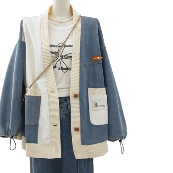 Patchworkové dámske džínové sako, Hongkong štýl, voľný strih, V-krk, šitie vreciek