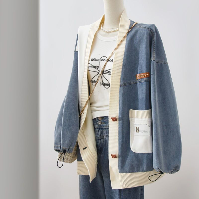 Patchworkové dámske džínové sako, Hongkong štýl, voľný strih, V-krk, šitie vreciek