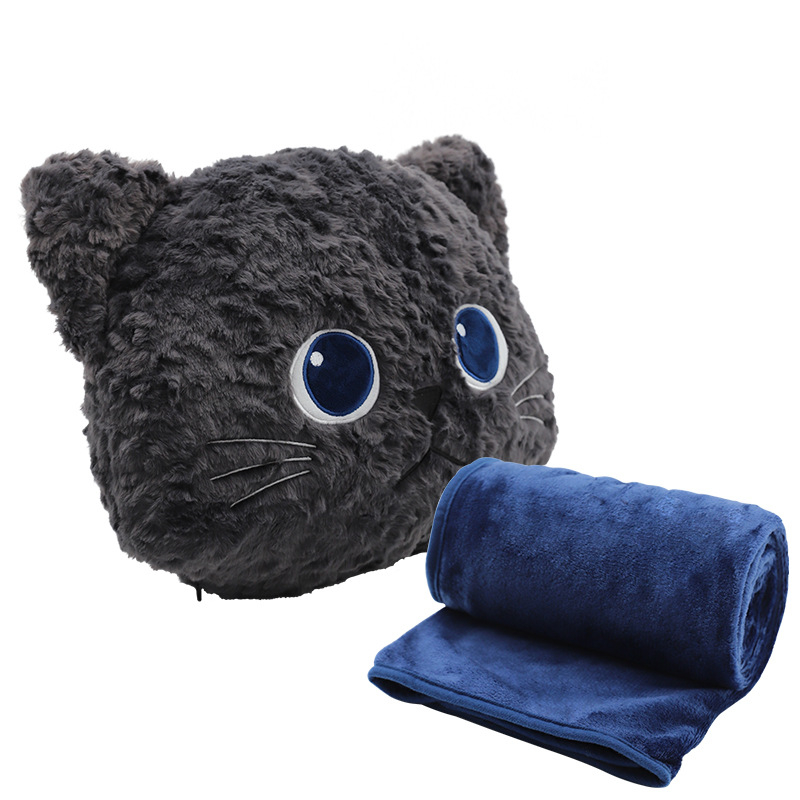 Μαξιλάρι‑κουβέρτα 2 σε 1 με μοτίβο γάτας, κέντημα, επένδυση από βελούδινο τρίχωμα κουνελιού, γέμισμα πολυεστερικό