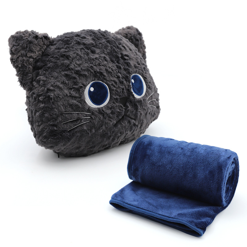 Μαξιλάρι‑κουβέρτα 2 σε 1 με μοτίβο γάτας, κέντημα, επένδυση από βελούδινο τρίχωμα κουνελιού, γέμισμα πολυεστερικό