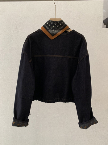 Dámska riflová bunda so šálom, retro štýl, okrúhly golier, zapínanie na jeden rad gombov, dlhé rukávy, bežná dĺžka