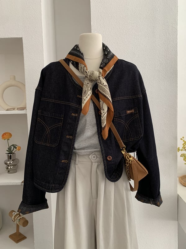 Dámska riflová bunda so šálom, retro štýl, okrúhly golier, zapínanie na jeden rad gombov, dlhé rukávy, bežná dĺžka