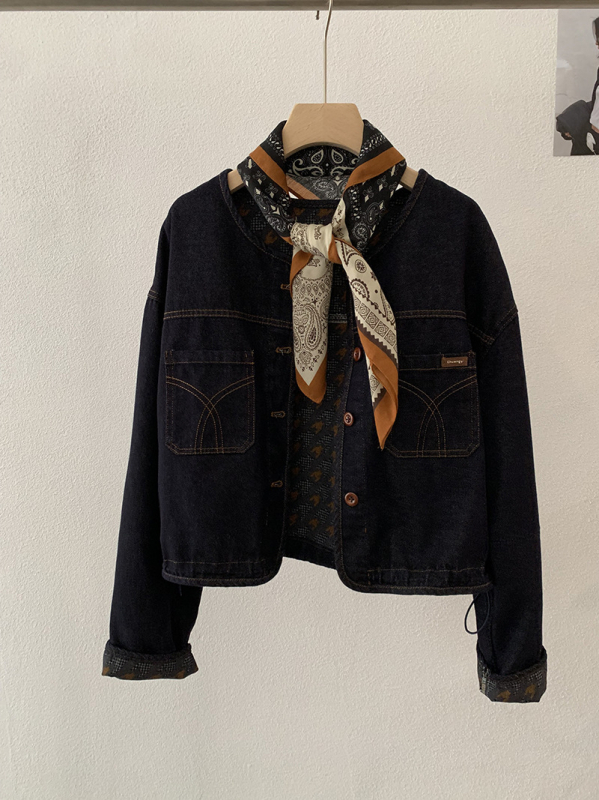 Dámska riflová bunda so šálom, retro štýl, okrúhly golier, zapínanie na jeden rad gombov, dlhé rukávy, bežná dĺžka