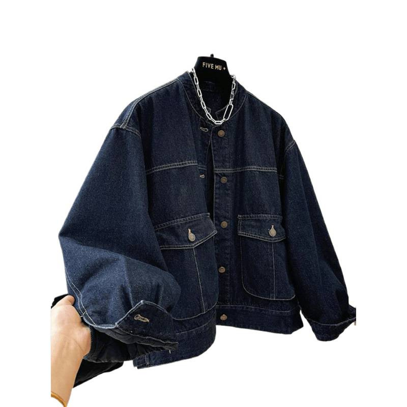 Džínsová bunda z bavlny, voľný strih, dlhé rukávy, okrúhly golier, zapínanie na jeden rad gombov, normálna dĺžka