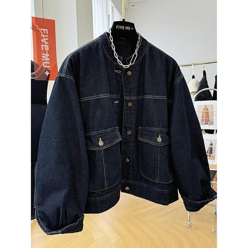 Džínsová bunda z bavlny, voľný strih, dlhé rukávy, okrúhly golier, zapínanie na jeden rad gombov, normálna dĺžka