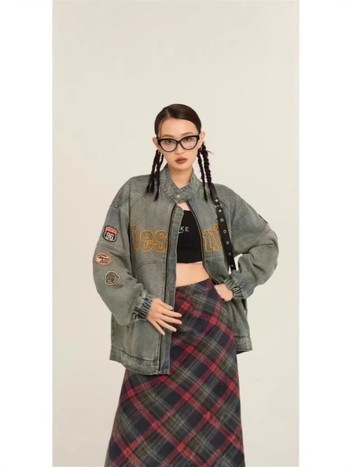 Muško džins jakna, urbani gradski stil, s printom, s širokim krojem, proljeće-jesen