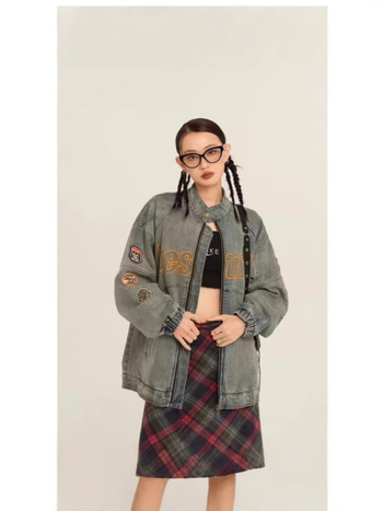 Muško džins jakna, urbani gradski stil, s printom, s širokim krojem, proljeće-jesen