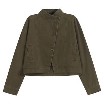 Ženska kratka traper jakna smeđe boje, retro stil, labav kroj, stojeći ovratnik