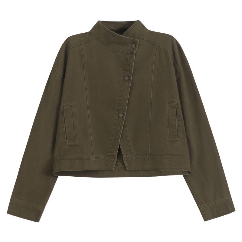 Ženska kratka traper jakna smeđe boje, retro stil, labav kroj, stojeći ovratnik