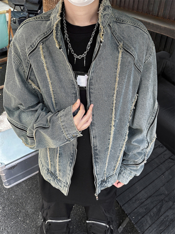 Dekonstrukcijska denim jakna s resicama za muškarce, hongkonški street style, stojeći ovratnik, zip zatvarač, slobodan kroj, normalna duljina, pamuk-denim smjesa 30-50% pamuka