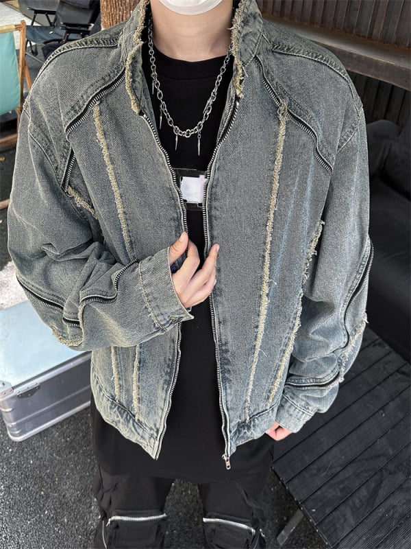 Dekonstrukcijska denim jakna s resicama za muškarce, hongkonški street style, stojeći ovratnik, zip zatvarač, slobodan kroj, normalna duljina, pamuk-denim smjesa 30-50% pamuka