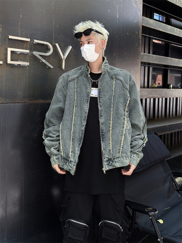 Dekonstrukcijska denim jakna s resicama za muškarce, hongkonški street style, stojeći ovratnik, zip zatvarač, slobodan kroj, normalna duljina, pamuk-denim smjesa 30-50% pamuka