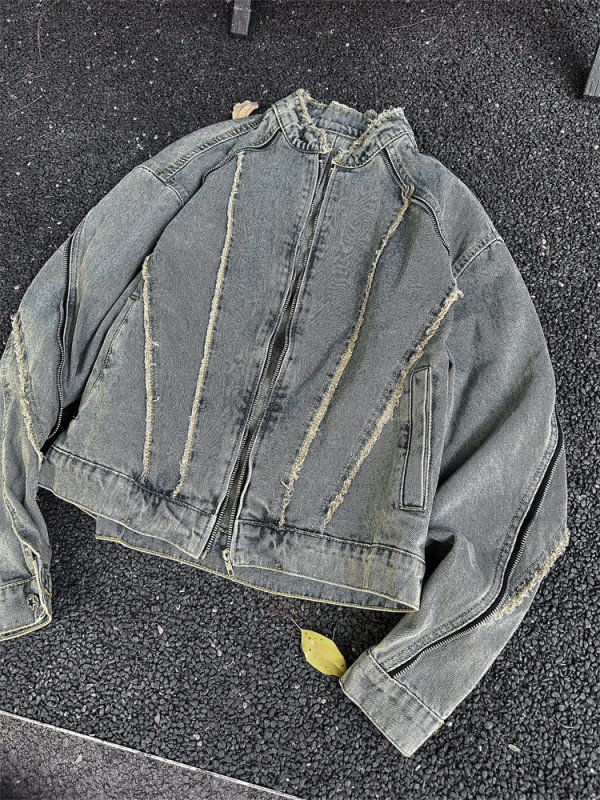 Dekonstrukcijska denim jakna s resicama za muškarce, hongkonški street style, stojeći ovratnik, zip zatvarač, slobodan kroj, normalna duljina, pamuk-denim smjesa 30-50% pamuka