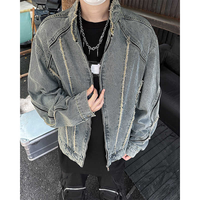 Dekonstrukcijska denim jakna s resicama za muškarce, hongkonški street style, stojeći ovratnik, zip zatvarač, slobodan kroj, normalna duljina, pamuk-denim smjesa 30-50% pamuka