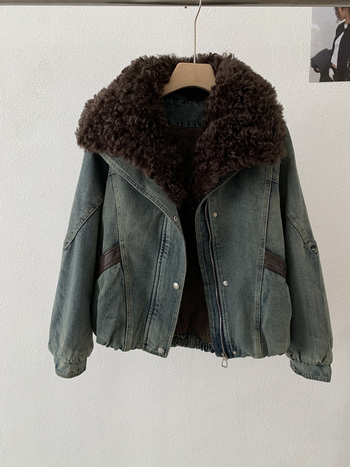 Dámska rifľová bunda s golierom, patchwork dizajn, voľný strih, dlhé rukávy, zips