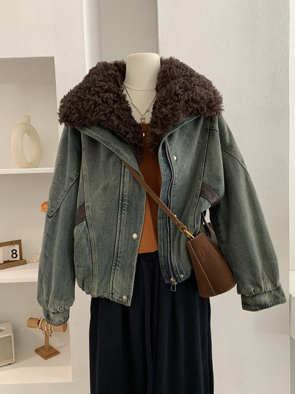 Dámska rifľová bunda s golierom, patchwork dizajn, voľný strih, dlhé rukávy, zips