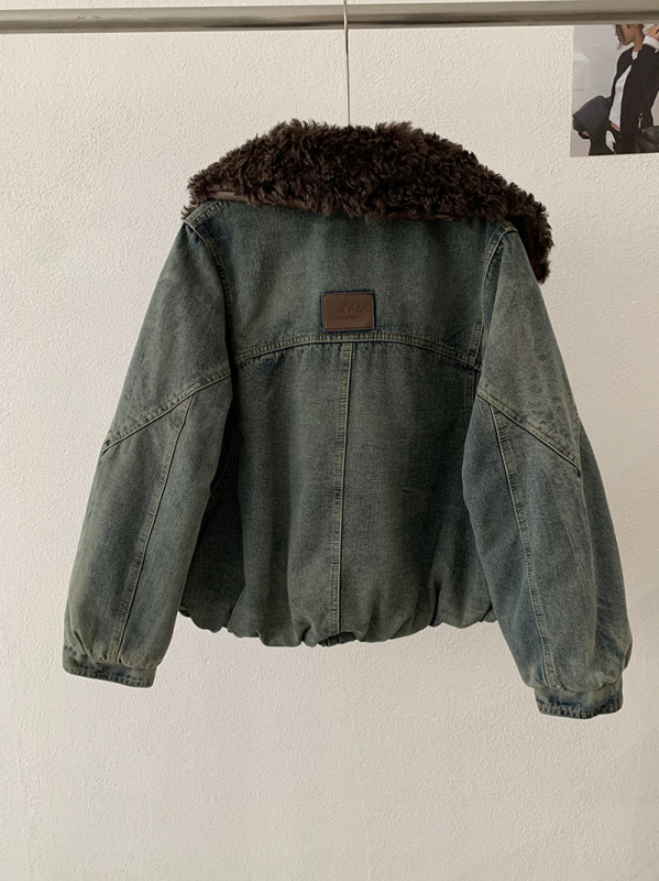 Dámska rifľová bunda s golierom, patchwork dizajn, voľný strih, dlhé rukávy, zips