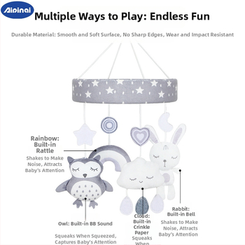 Plüüš beebide voodi kelluke – karjum loom, muusikaline pöörlev rippuv mäng beebidele 0–3 aastased (Plüüšmaterjal; Kell, Muusika pöörlemine; Sobib 0–3 aastastele)