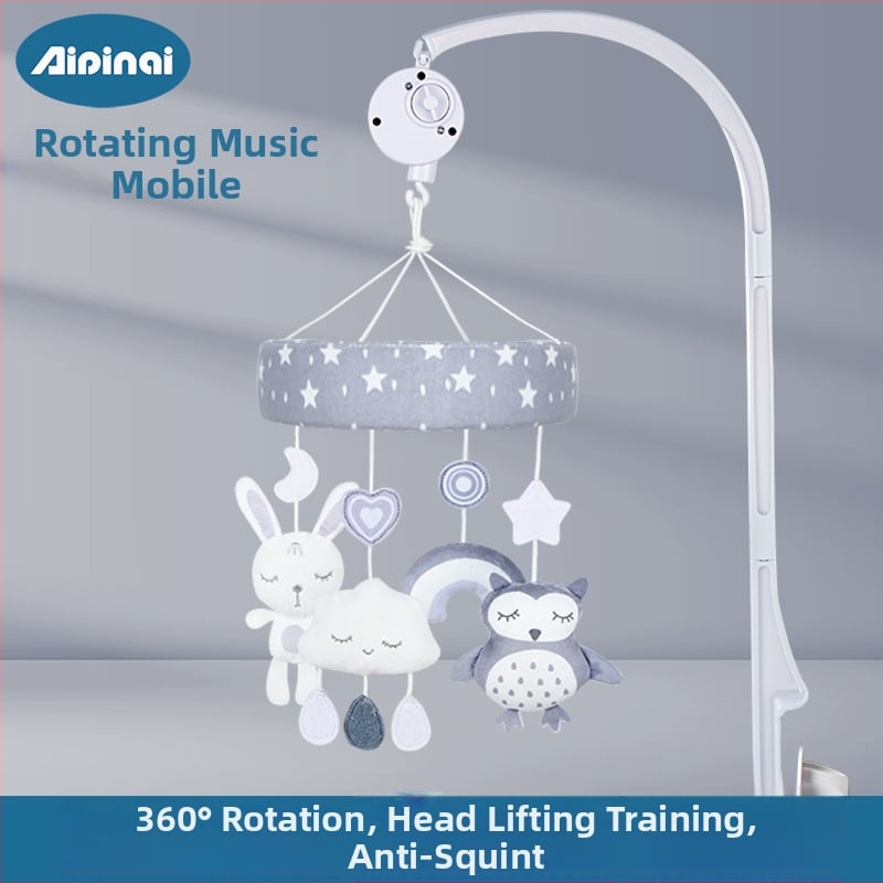 Дрънкалка за креватче за новородени – плюшена животинска висяща музикална въртяща се играчка (Плюш; Звънче и въртене на музика; Подходяща за деца 0–3 г.)