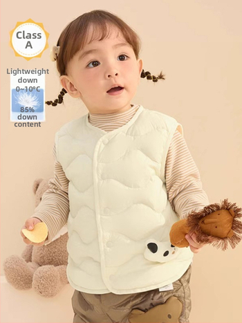 Uniszex gyerekeknek való vékony téli pehely mellény, ujj nélküli, fehér kacsa pehely töltés, nylon külső anyag és nylon bélés, cartoon mintázat