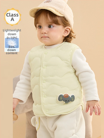 Uniszex gyerekeknek való vékony téli pehely mellény, ujj nélküli, fehér kacsa pehely töltés, nylon külső anyag és nylon bélés, cartoon mintázat