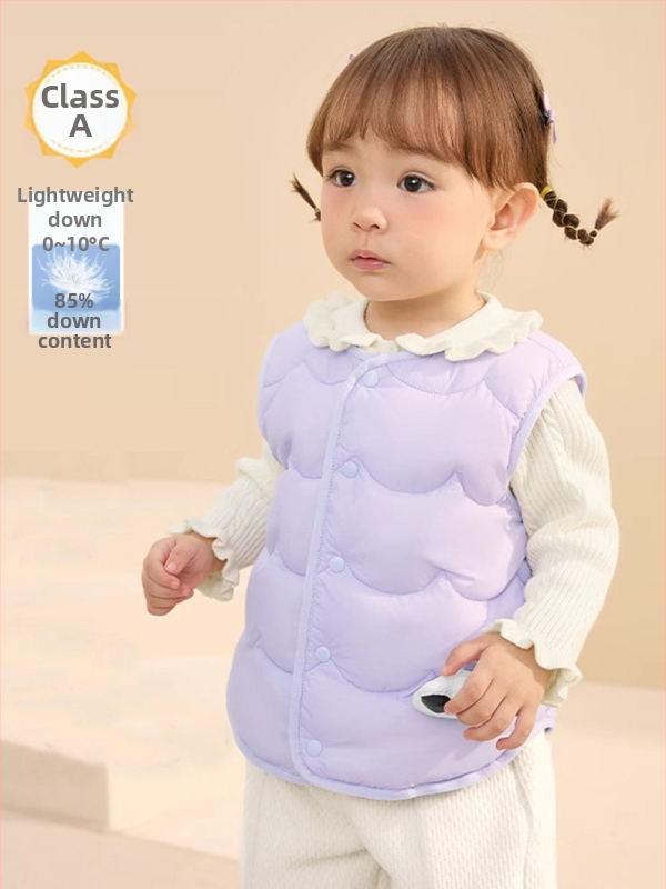 Uniszex gyerekeknek való vékony téli pehely mellény, ujj nélküli, fehér kacsa pehely töltés, nylon külső anyag és nylon bélés, cartoon mintázat