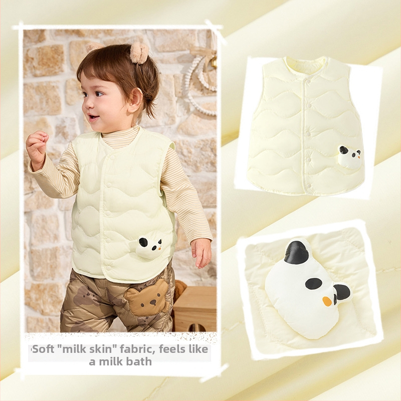 Uniszex gyerekeknek való vékony téli pehely mellény, ujj nélküli, fehér kacsa pehely töltés, nylon külső anyag és nylon bélés, cartoon mintázat
