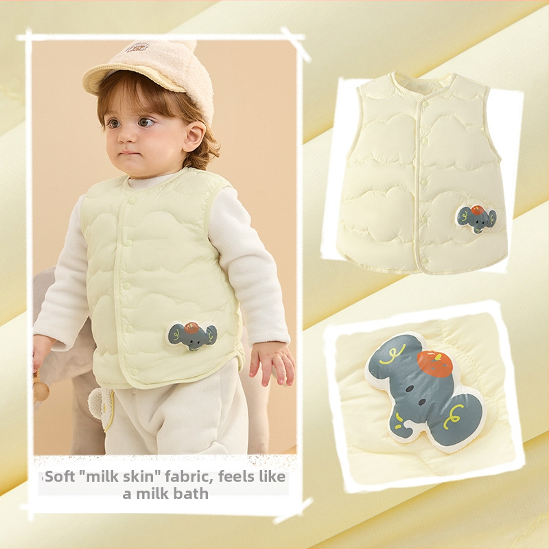 Uniszex gyerekeknek való vékony téli pehely mellény, ujj nélküli, fehér kacsa pehely töltés, nylon külső anyag és nylon bélés, cartoon mintázat