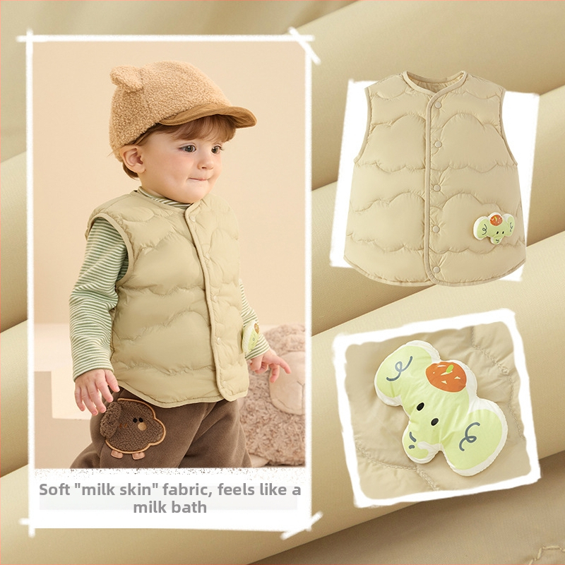 Uniszex gyerekeknek való vékony téli pehely mellény, ujj nélküli, fehér kacsa pehely töltés, nylon külső anyag és nylon bélés, cartoon mintázat